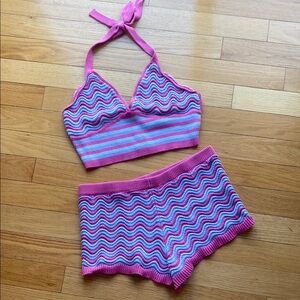 No Boundaries Pink and Blue Wave summer Crocheted Knit Coverup Set